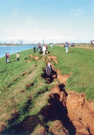 Foto van buitentalud bekleed met gras waarin scheuren tot ca. 1 m breed en diep.