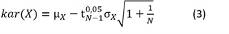 Formule 3, voor het berekenen van de karakteristieke waarde van grondparameter X, waarbij X normaal verdeeld is, uitgaande van de hieronder verklaarde parameters.