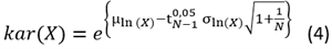 Formule 4, voor het berekenen van de karakteristieke waarde van grondparameter X, waarbij X log-normaal verdeeld is, uitgaande van de hieronder verklaarde parameters.