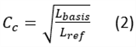 Formule 2 voor de correctiefactor die gelijk is aan de vierkantswortel van de breedte van de dijkbasis genormeerd met een referentiebreedte.