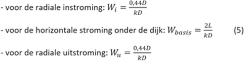 Formule 5 geeft de drie termen waar de weerstand uit bestaat. Wi voor de radiale instroming, Wbasis voor de horizontale stroming onder de dijkbasis en Wu voor de radiale uitstroming.