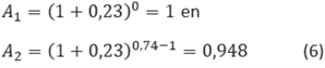 Formule 6: numerieke uitwerking voor de factoren A-sub 1 en A-sub 2.