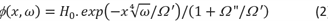 Formule 2 waarmee de amplitude van de stijghoogte in het achterland kan worden benaderd als functie van de belastingsfrequentie, wanneer de verhouding tussen omega" en omega' ongeveer nul is.