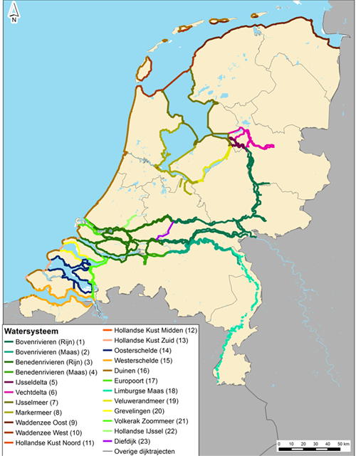 Kaart van Nederland waarop in verschillende kleuren de 23 watersysteemtypen zijn ingetekend.