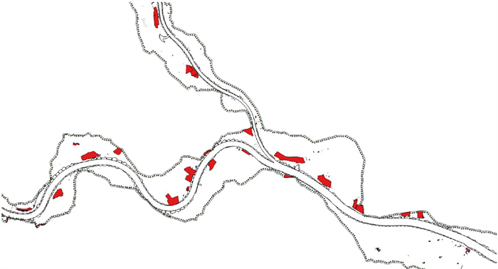 Schematisch kaartje met voorbeelden van hoogwatervrij vergunde elementen (rood gemarkeerd) in het rivierengebied (Pannerdense Kop).