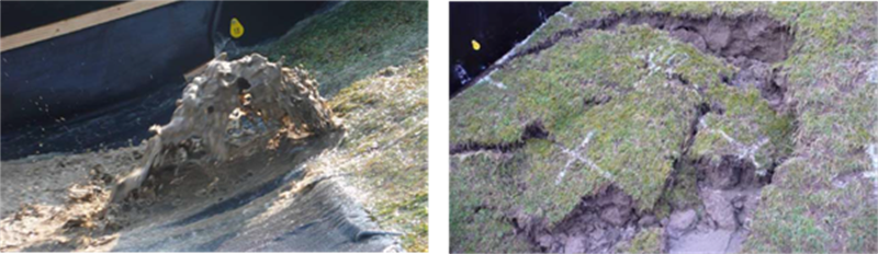 Foto’s van waarnemingen van het uitspoelen van zand tijdens golfoverslagproeven