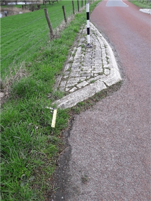 Foto van een grasberm en bestrate wegversmalling links en asfaltweg rechts.