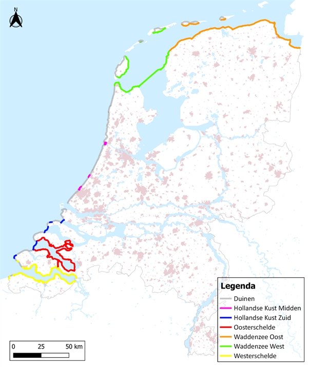 Kaart van Nederland met de verschillende watersystemen van het watersysteemtype Kust weergegeven in kleur