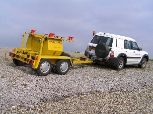 Foto van auto met aanhanger op dijktalud.