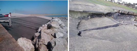 Twee foto's van gebroken asfalt.