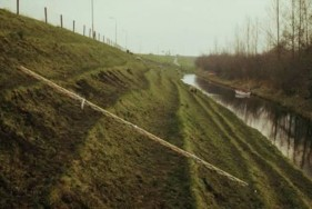 Foto van een dijktalud met grasbedekking.